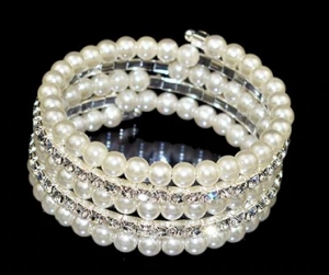 Spiral Pearl and Crystal Row Bracelet -Silver plating