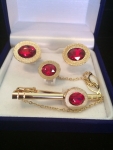 Red & Gold Oval Cufflink and Tie Clip Set