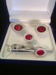 Red & Silver Oval Cufflink and Tie Clip Set