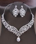 Clear Crystal Teardrop Center Necklace Set with post earring- silver plating