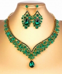 Emerald Crystal Teardrop Center Necklace Set with post earring- gold plating