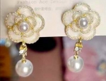 ELEGANT LINKS WHITE CAMELLIA ROSE EARRINGS with pearl dangle
