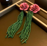 Bohemian styled Fuchsia and Green Rose shaped post dangling earrings
