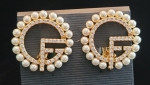  GF LOGO PEARL AND ZIRCON POST & CLIP BUTTON EARRINGS